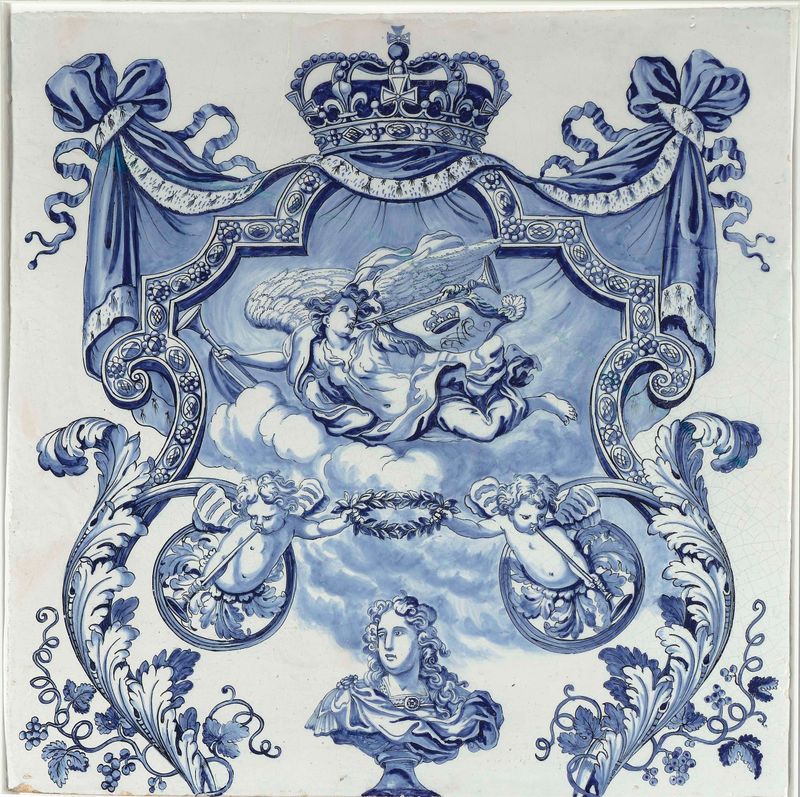 Ceramic plaques from a column by De Grieksche A, featuring floral motifs.