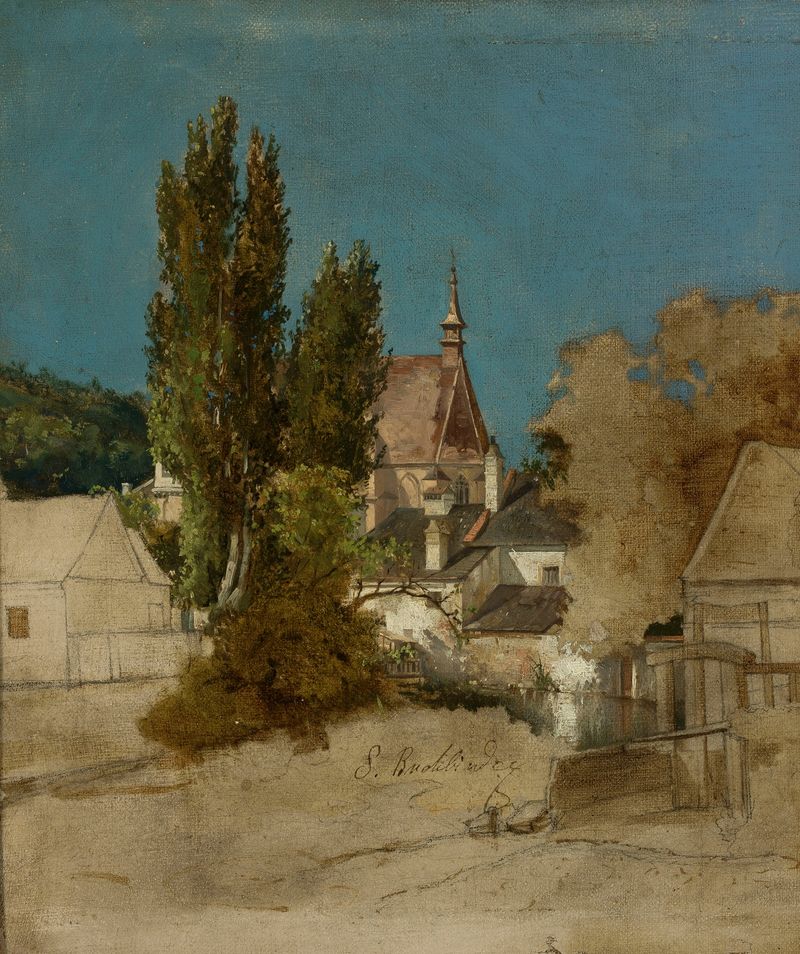 Iglesia en Stary Sącz de Szymon Buchbinder, pintura al óleo que representa un sereno pueblo con delicados campanarios.