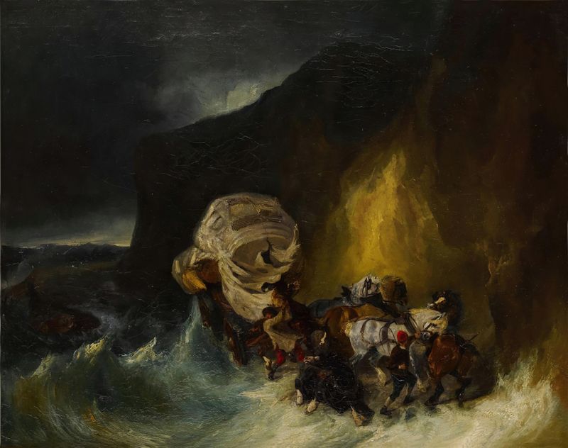 Caravana pega em uma tempestade ao longo da costa, óleo sobre tela de Eugène Isabey