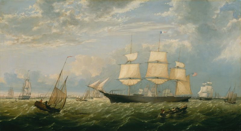 The Golden State Entering New York Harbor, pintura a óleo de Fitz Henry Lane, mostrando um navio em águas calmas.