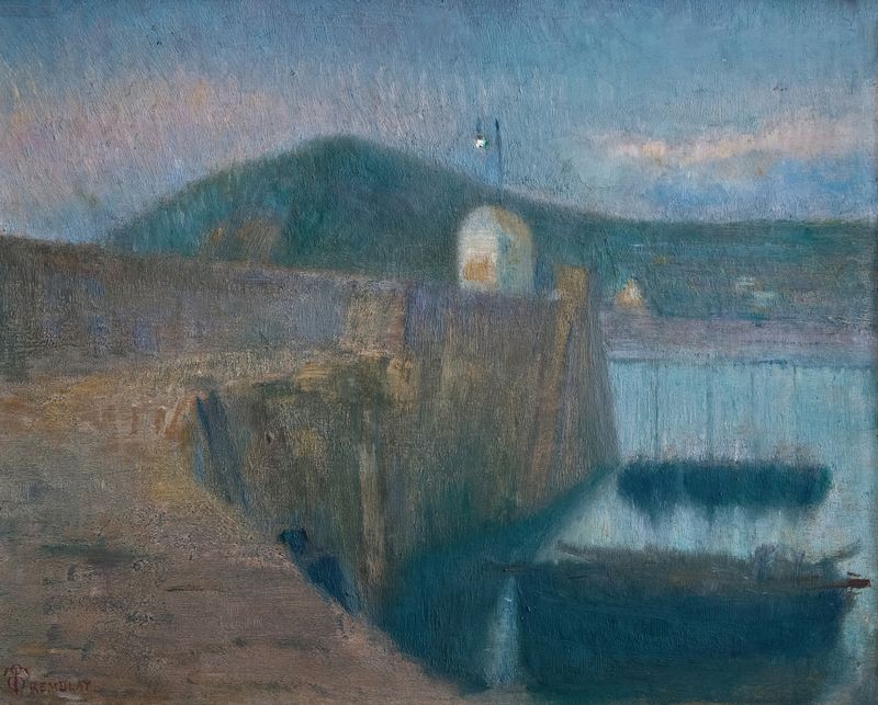 O Porto de Flamanville de Émile Tremblay, óleo sobre tela que retrata barcos em um porto.