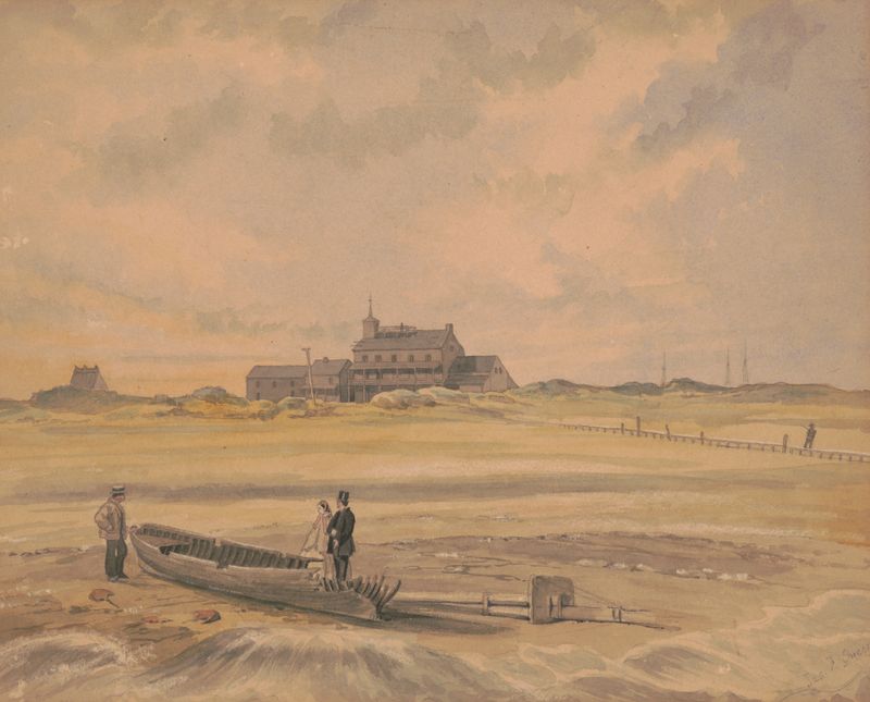 Holtzken Hotel, Brigantine Beach de James Fuller Queen, óleo sobre tela, retratando um hotel à beira da praia.