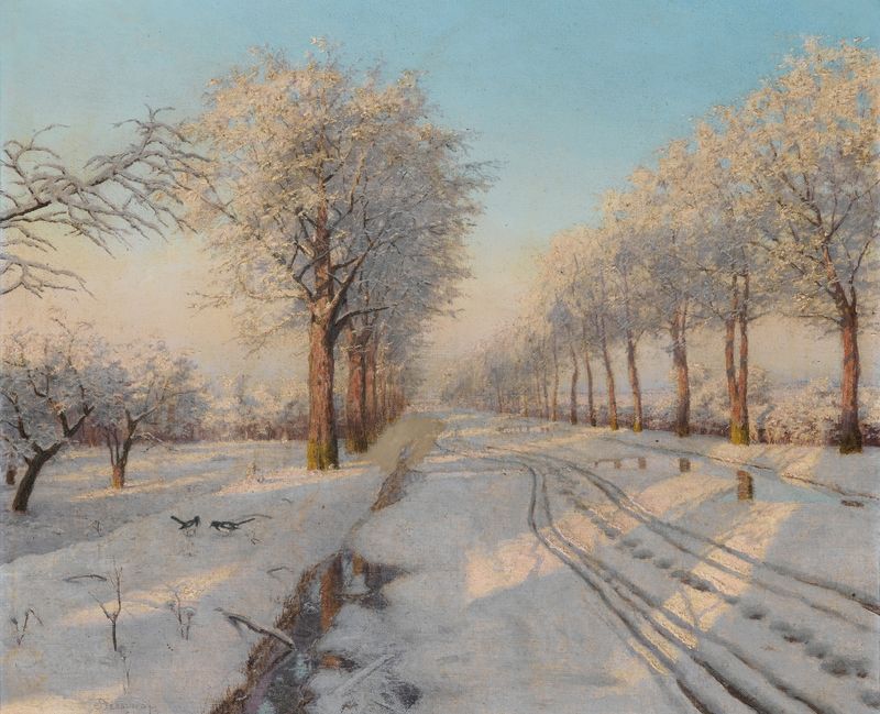 Winter Sunset de Boris Vasilievich Bessonov, pintura al óleo que representa un atardecer sobre un paisaje.