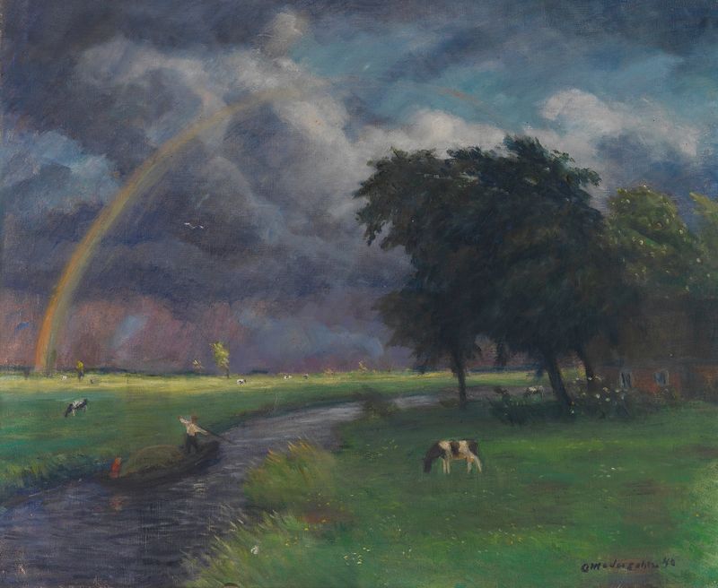 Paisaje con colinas y luz solar después de la lluvia de Otto Modersohn, pintura al óleo.