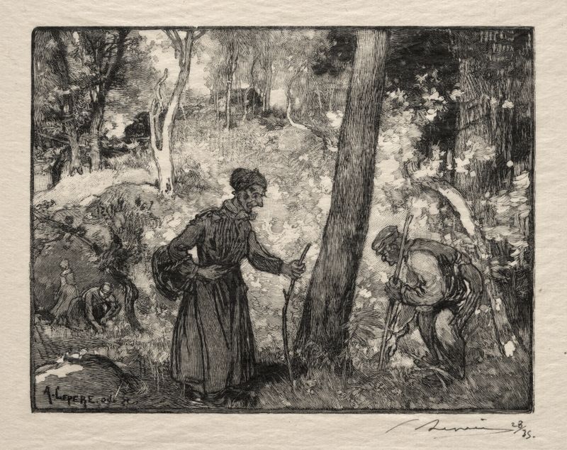Au Rocher Bernard de Auguste Louis Lepère, grabado que representa olas de río turbulentas