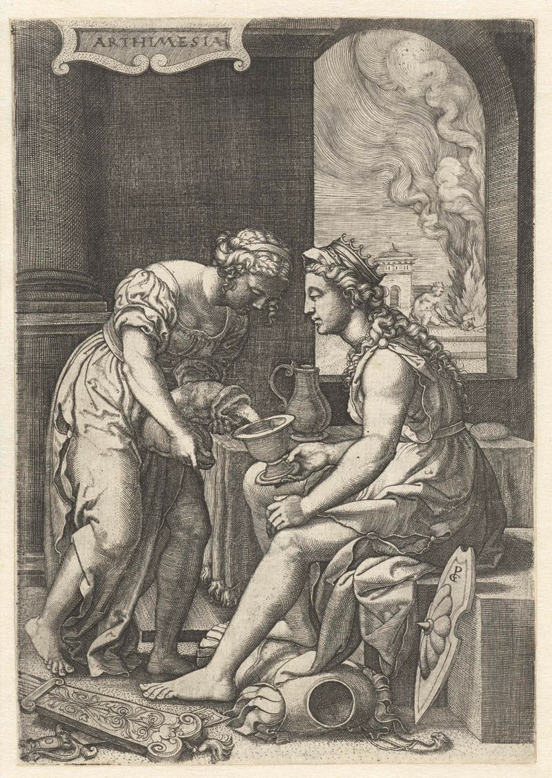 Artemisia bebendo de uma taça, gravura de Georg Pencz