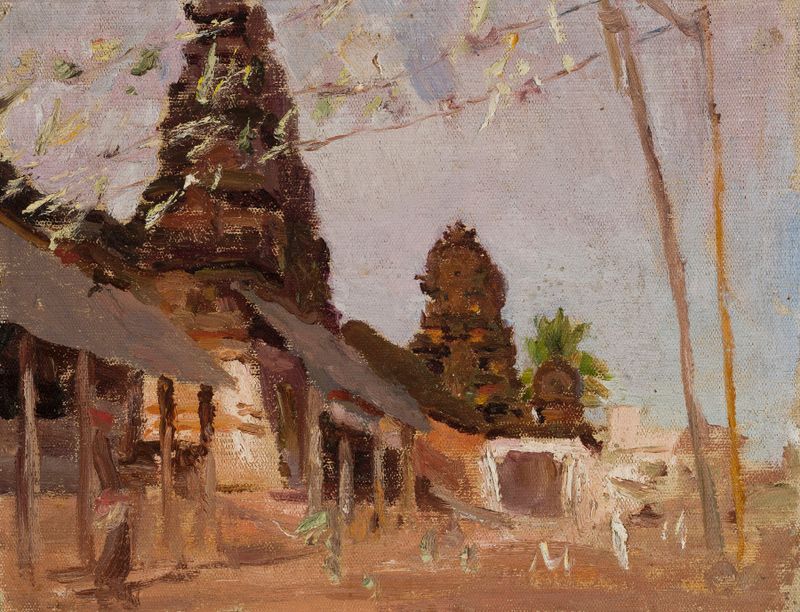 Estudio de calle de ciudad por Jan Ciągliński, acuarela sobre papel, figuras y luz en adoquines.
