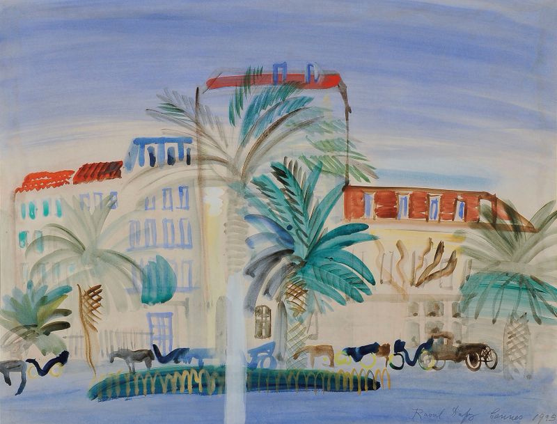 Hôtel à Cannes de Raoul Dufy, pintura a óleo que retrata uma paisagem mediterrânea