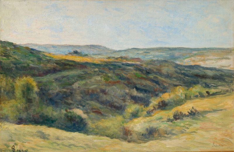 Rolleboise, les coteaux de la Rouge Voie de Maximilien Luce, óleo sobre tela que retrata colinas e luz dourada.