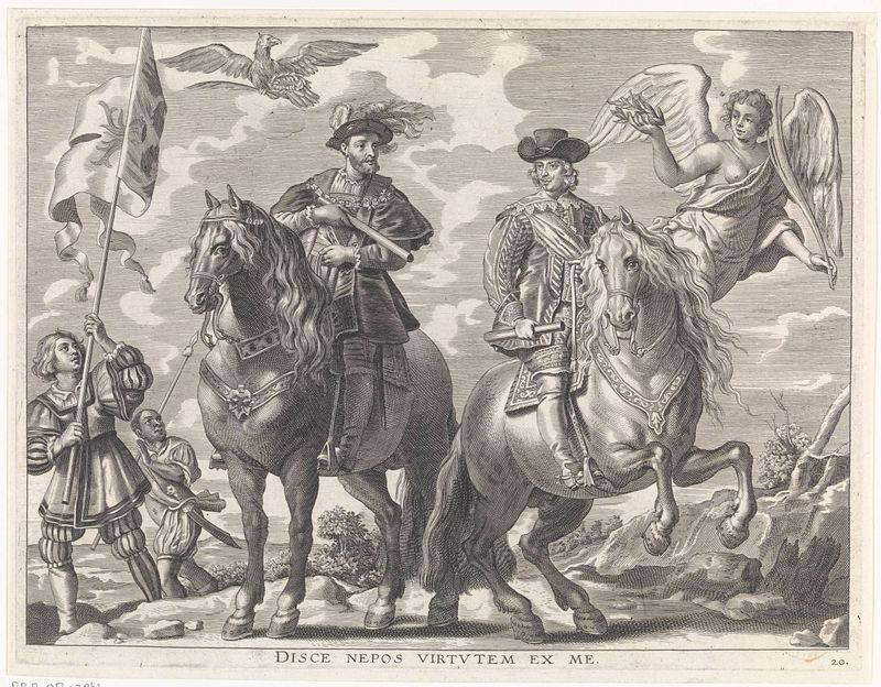 Gravura de Pieter de Jode mostrando cavaleiros a cavalo em uma paisagem