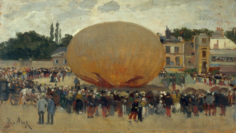 Obra figurativa de Raoul Arus, pintura a óleo com um balão luminoso e fundo suave.