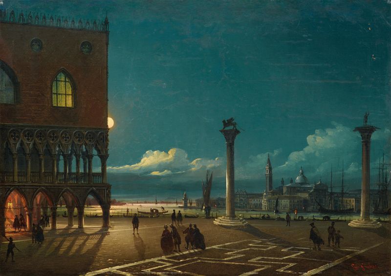 Piazza San Marco By Moonlight, oil on canvas by Giovanni Grubacs, depicting a serene night scene in Venice.