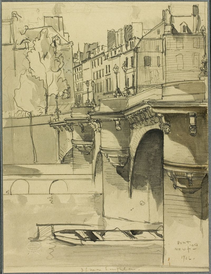 View of the Pont Neuf by Donald Shaw MacLaughlan, oil on canvas showing reflections in the Seine.