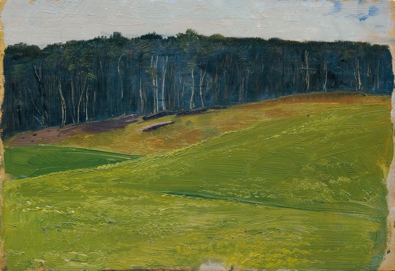Oil on canvas by Otto Friedrich depicting a green field and dark forest.
