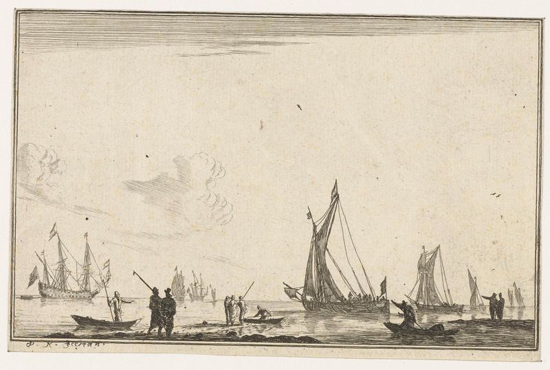 Binnenwater met verschillende zeilschepen, gravura de Reinier Nooms, mostrando barcos em água calma