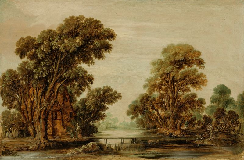 Paisagem fluvial arborizada com figuras e uma casa de Aert van der Neer, pintura a óleo
