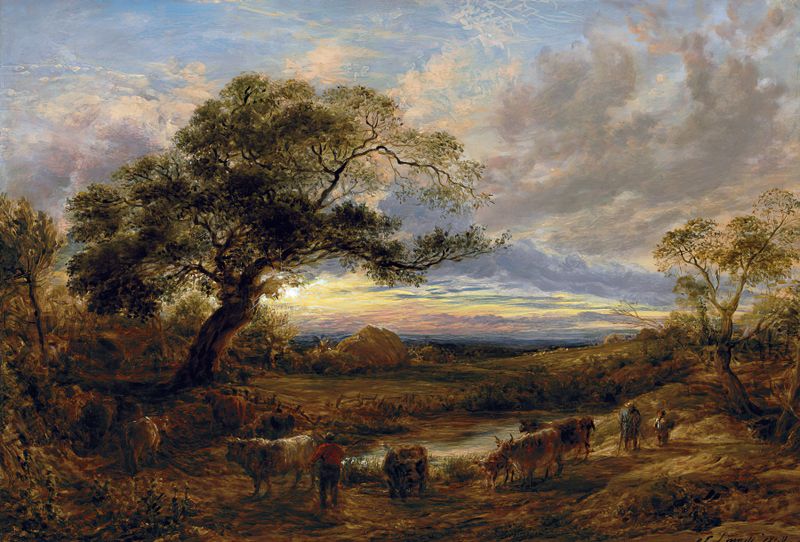 Evening by John Linnell, oil on canvas depicting a twilight landscape with hills and golden light