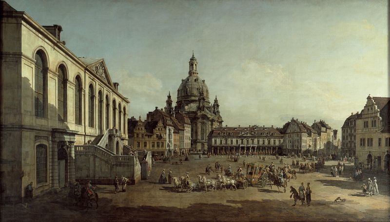 Arquitectura rococó en 'Vista del Neumarkt en Dresde desde el Jüdenhofe' de Canaletto, pintura al óleo
