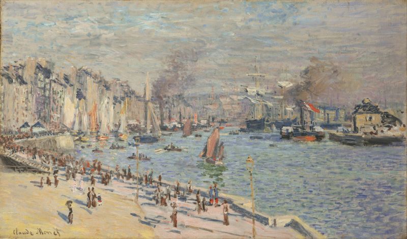 Pintura a óleo de Claude Monet representando o Porto de Le Havre com barcos e reflexos na água.