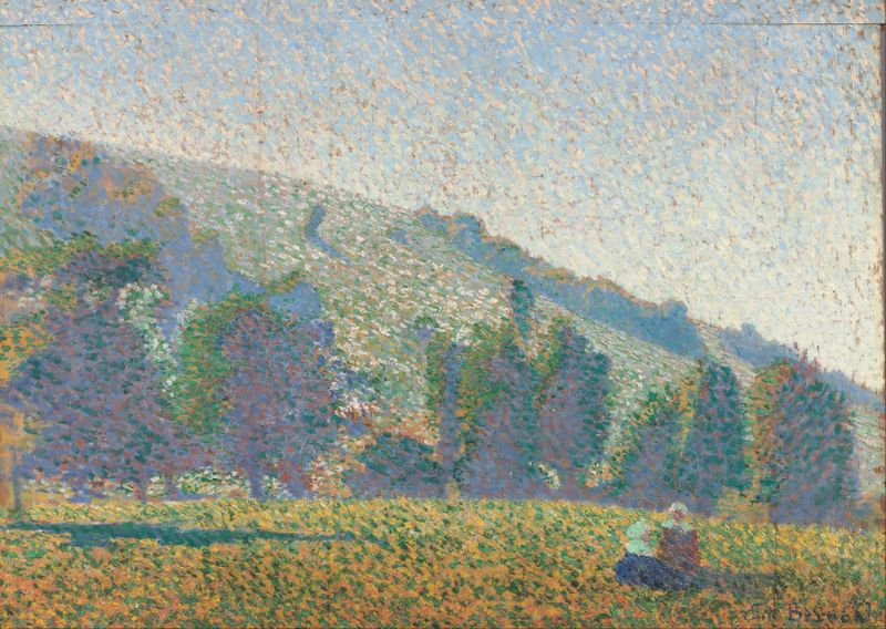 Two Breton women in traditional dress in a meadow, oil on canvas by Emile Bernard