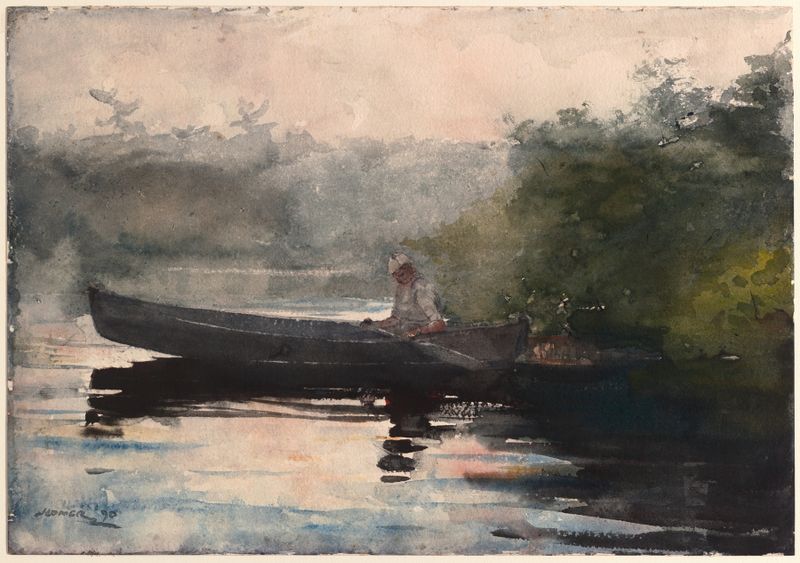 El Fin del Día, Adirondacks de Winslow Homer, óleo que representa un atardecer sobre aguas tranquilas.
