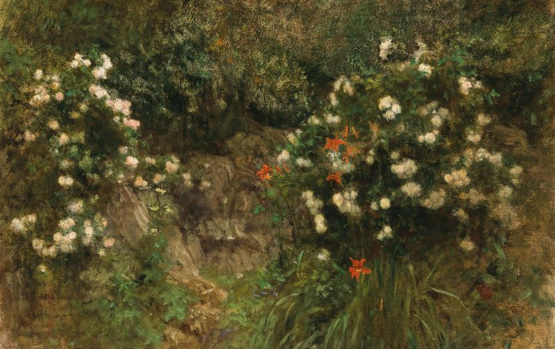 Grotto with white roses de Franz Rumpler, retratando rosas e luz suave.