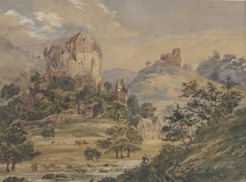 Paisagem com Schloß Eltz e o rio Mosela, óleo de Julius Hübner
