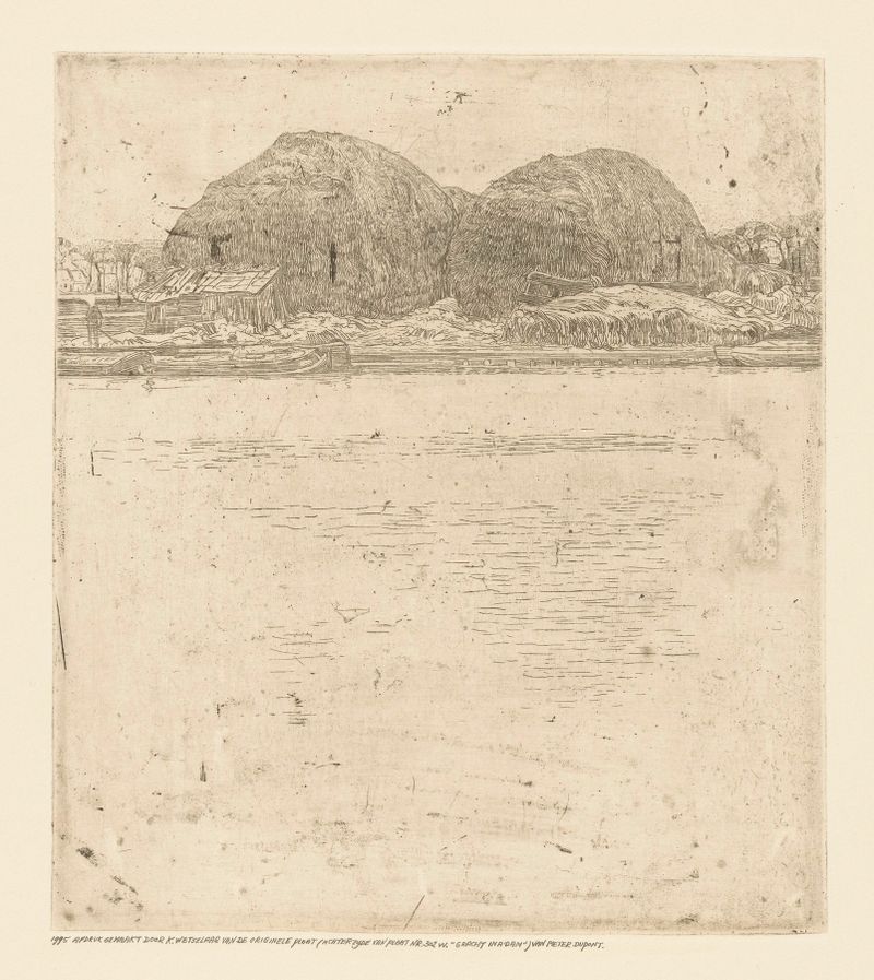 Landscape with two haystacks at dusk by Pieter Dupont, realism
