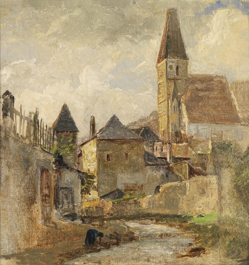 Pintura de paisagem a óleo de Marie Egner com ruínas e vegetação exuberante.