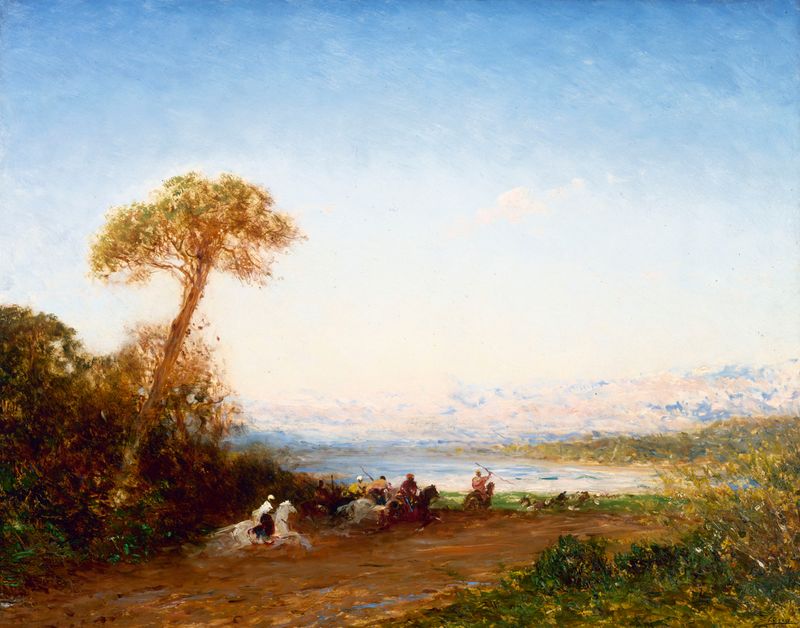 Beyrouth, Retour De Fantasia de Félix Ziem, óleo sobre lienzo que representa un atardecer sobre agua tranquila.