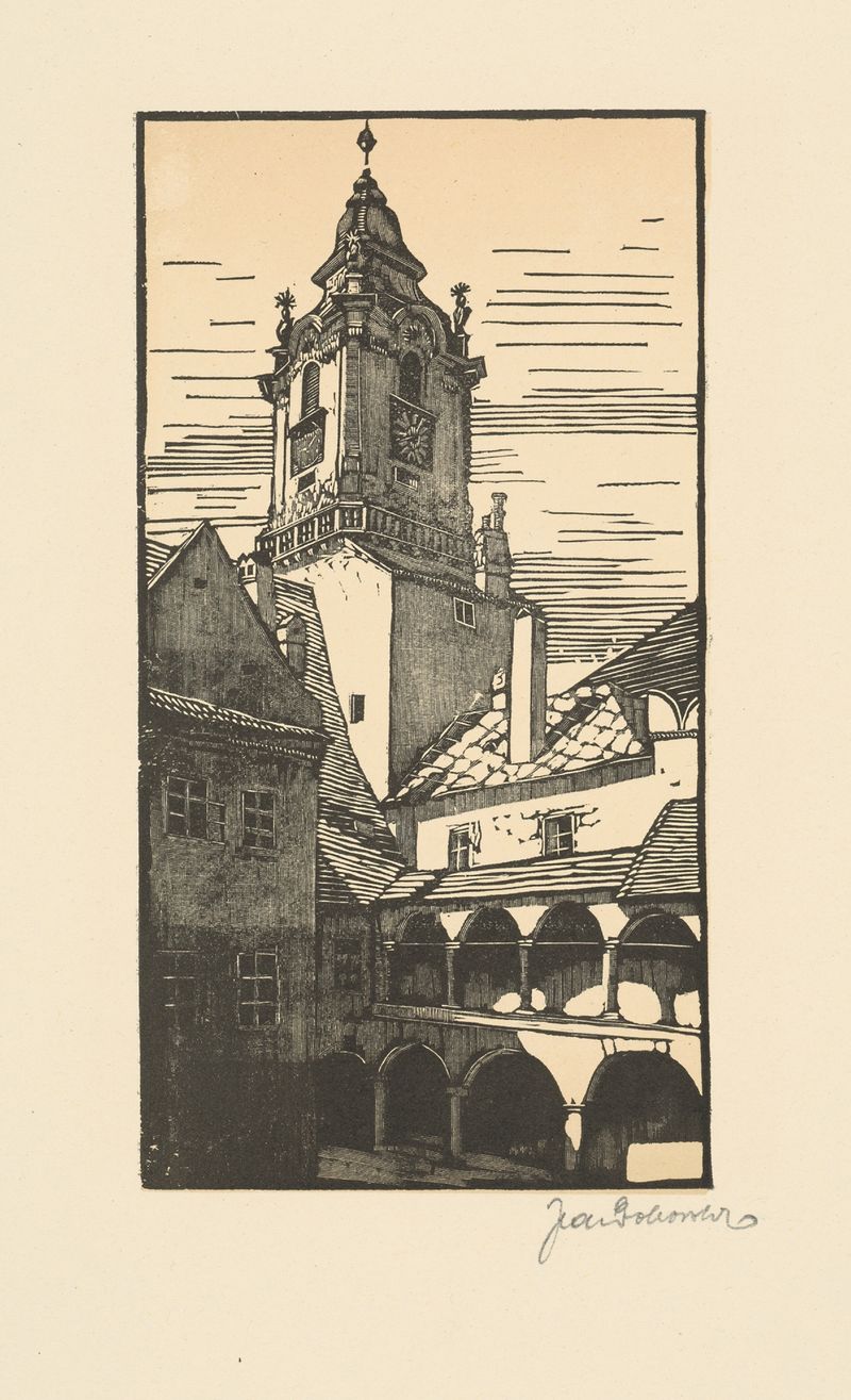 Dvor Starej radnice by Jaroslav Dobrovolský, oil on canvas depicting crumbling arches and cobblestones.