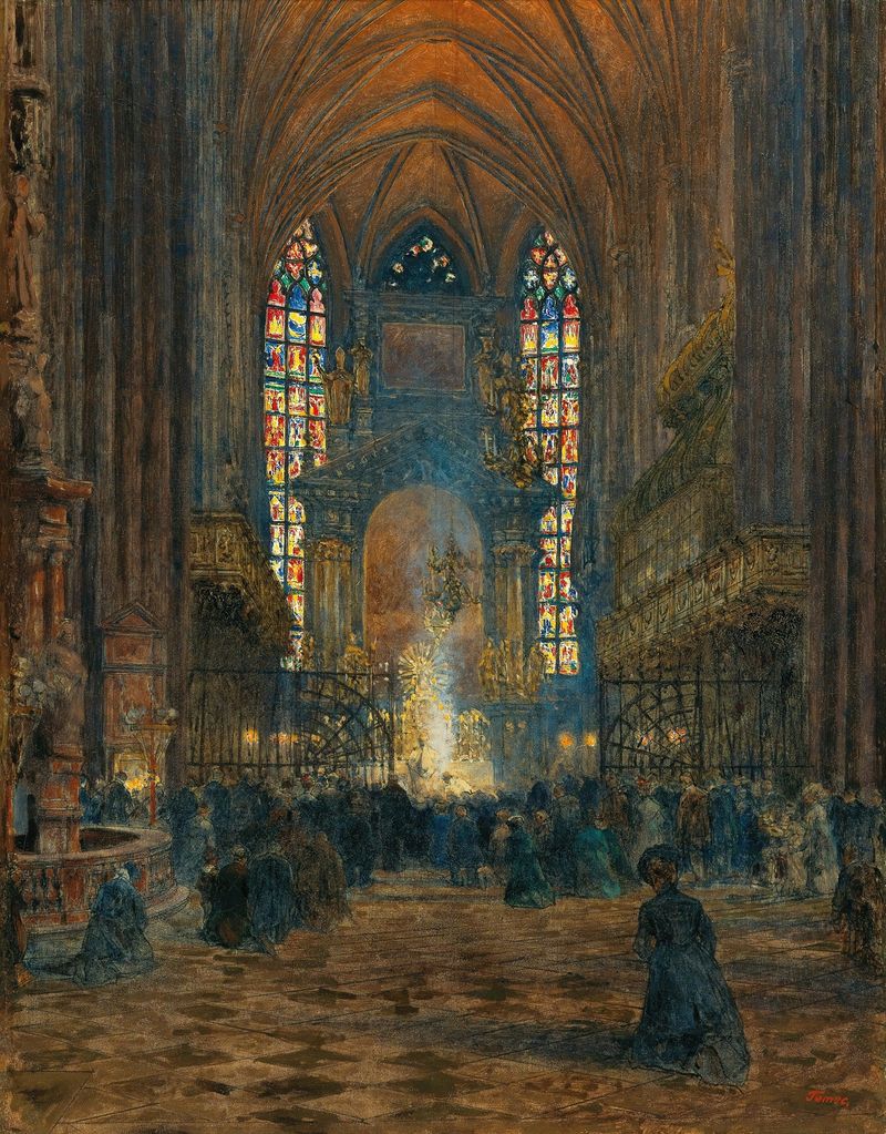 Religious scene depicting a congregation at Mass at St. Stephen’s Cathedral by Jindřich Tomec