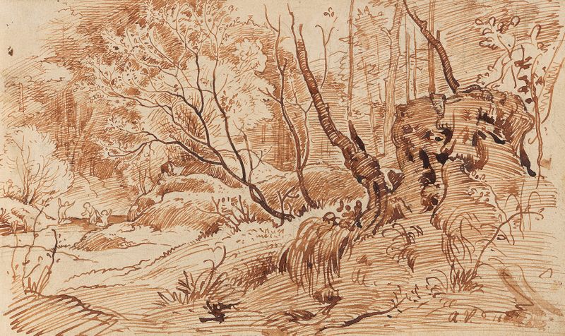 Waldlandschaft mit badenden Kindern de Albert Franz Venus, óleo que muestra niños junto al agua en un bosque.