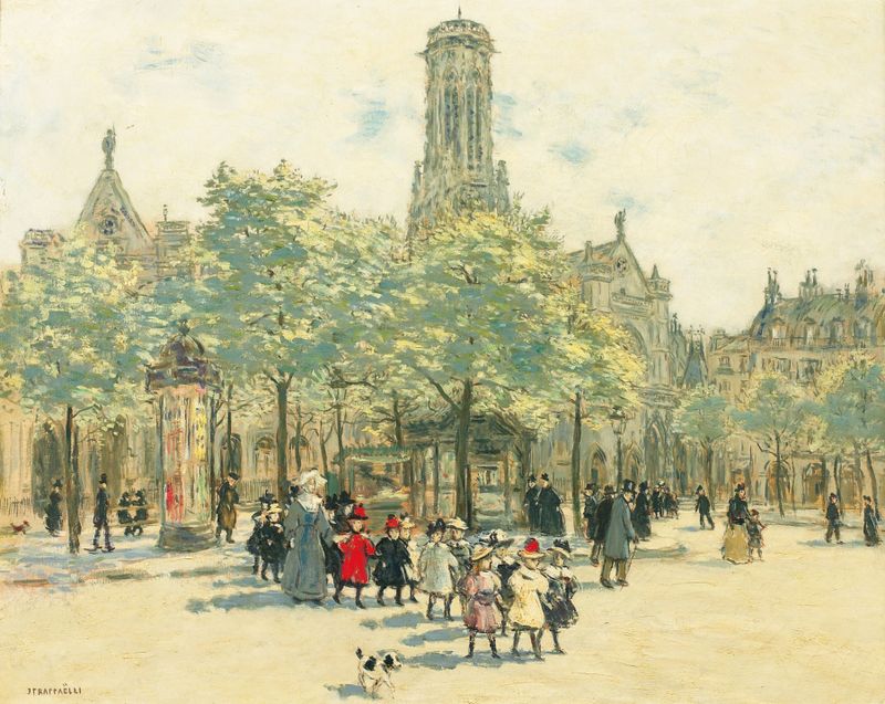 Two girls in dresses walking at the Louvre, oil on canvas by Jean François Raffaëlli