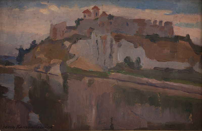 Landscape of Tyniec village with trees, oil on canvas by Jerzy Karszniewicz