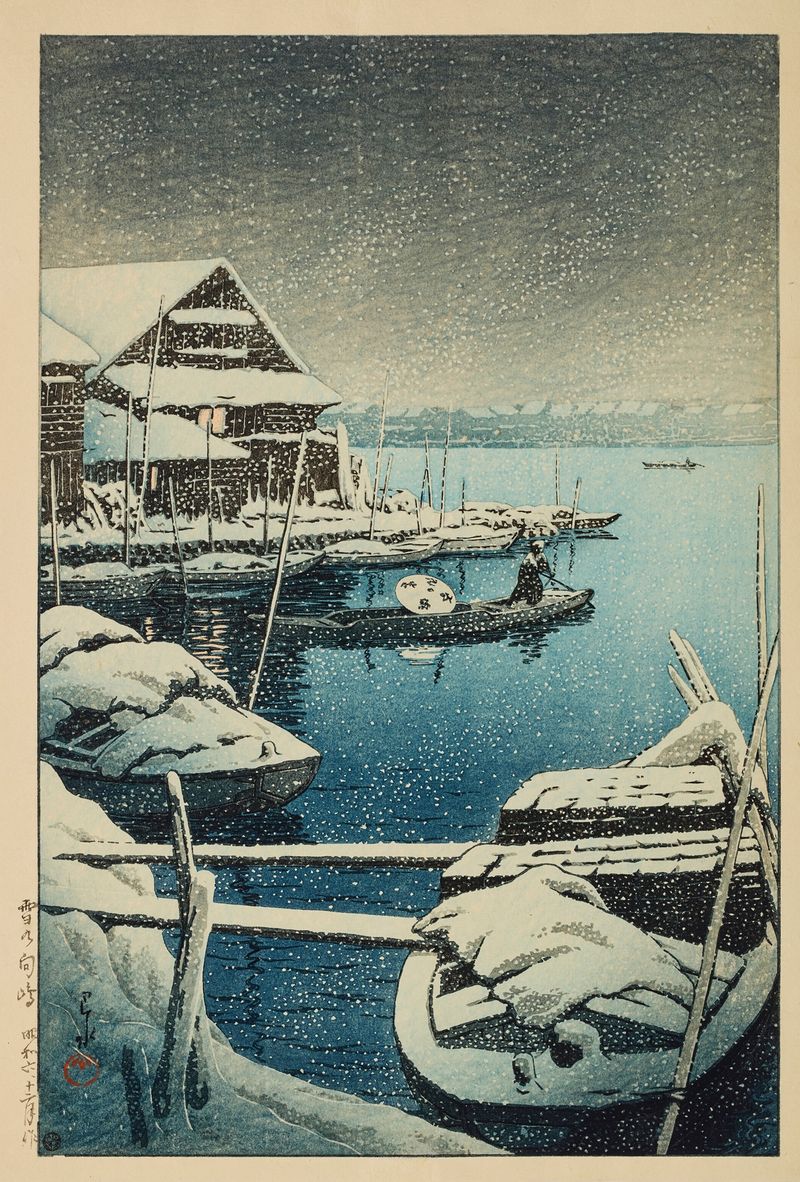 Grabado en madera de Kawase Hasui que muestra un paisaje invernal con techos cubiertos de nieve