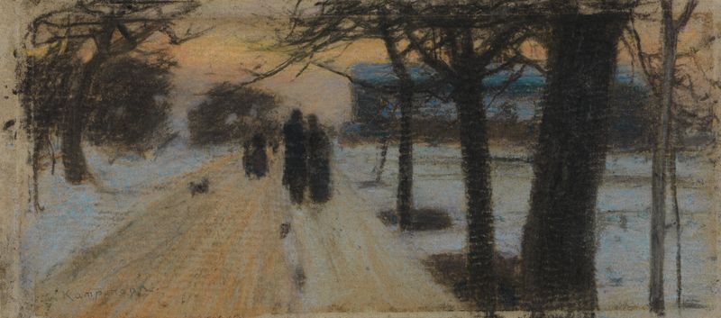 Impressionist oil painting by Gustav Kampmann of a solitary figure on a snowy street at twilight.