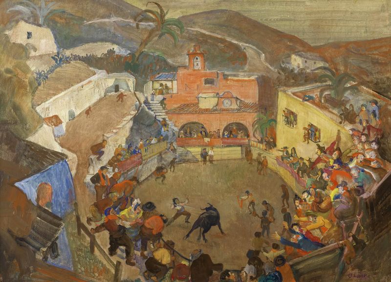 Escena de corrida de toros de Oskar Laske, óleo sobre lienzo, con un matador en acción.