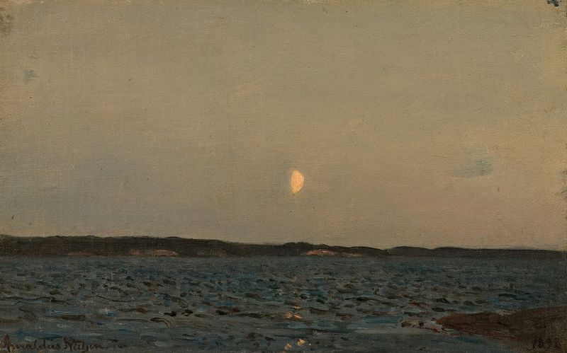 Fjordstudie de Amaldus Nielsen, óleo que muestra un fiordo con una costa irregular y azules profundos.