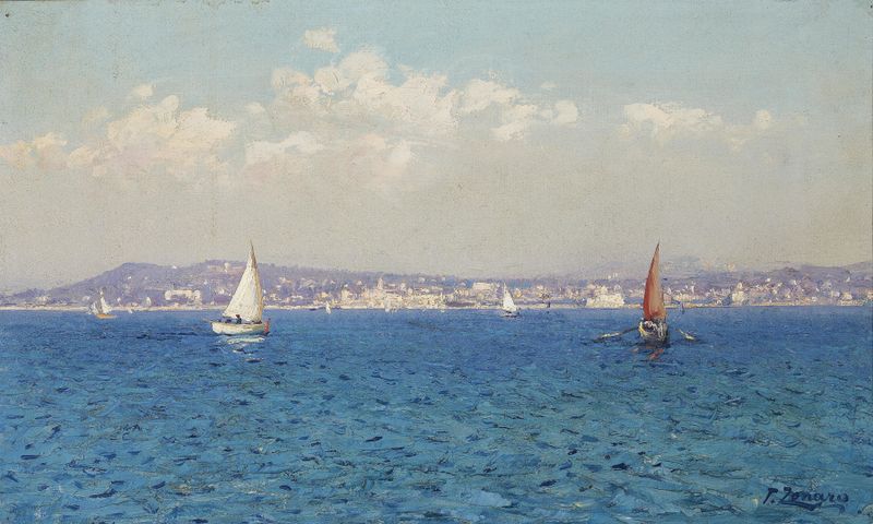 Escena marina de Fausto Zonaro, pintura al óleo que representa una costa serena bajo un atardecer