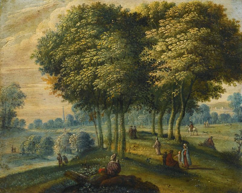 Bosky landscape with figures, oil on canvas by Flemish School