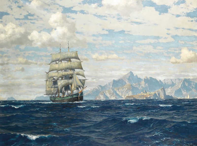 Tall Ship Off Crete by Michael Zeno Diemer, oil painting of a ship with billowing sails against a blue Mediterranean sea.