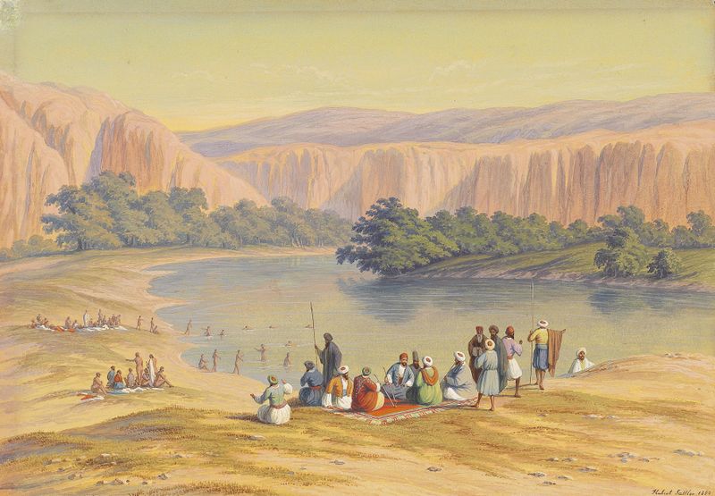 Badeszene by Hubert Sattler, depicting a marine scene with figures and vibrant colors, oil painting