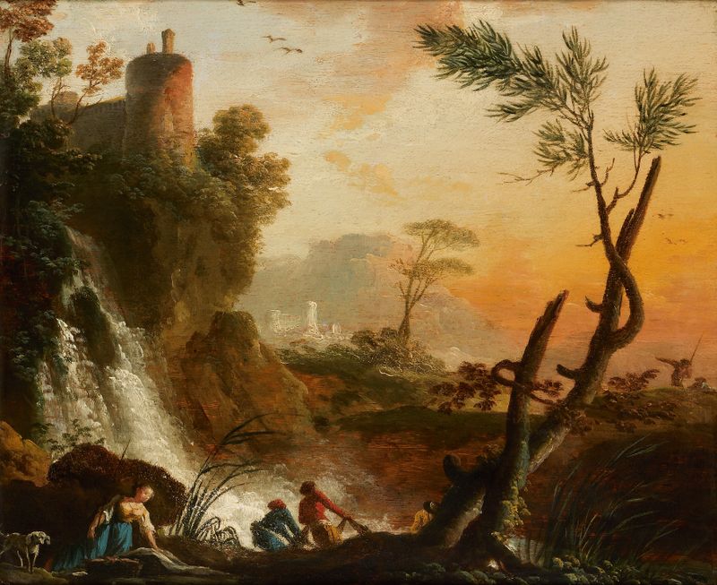 Ruïnelandschap, óleo sobre tela de Gaspar Jean Lacroix, retratando ruínas sob um céu tempestuoso.