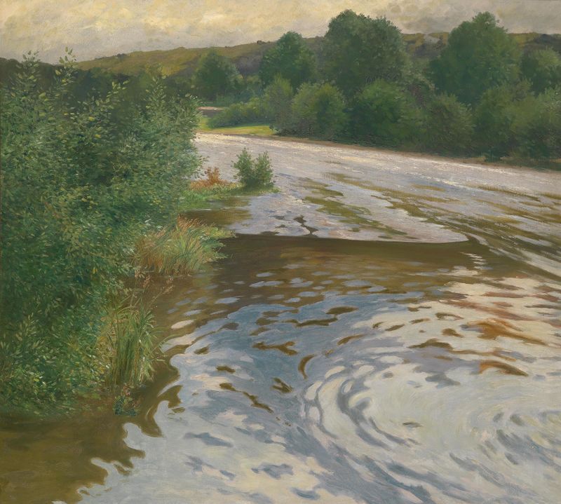 Flusslandschaft by Adolf Kaufmann, oil on canvas depicting a tranquil river landscape with trees and reflections.
