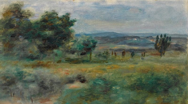 Paysage de Pierre-Auguste Renoir, pintura a óleo de um prado ensolarado com vegetação vibrante.