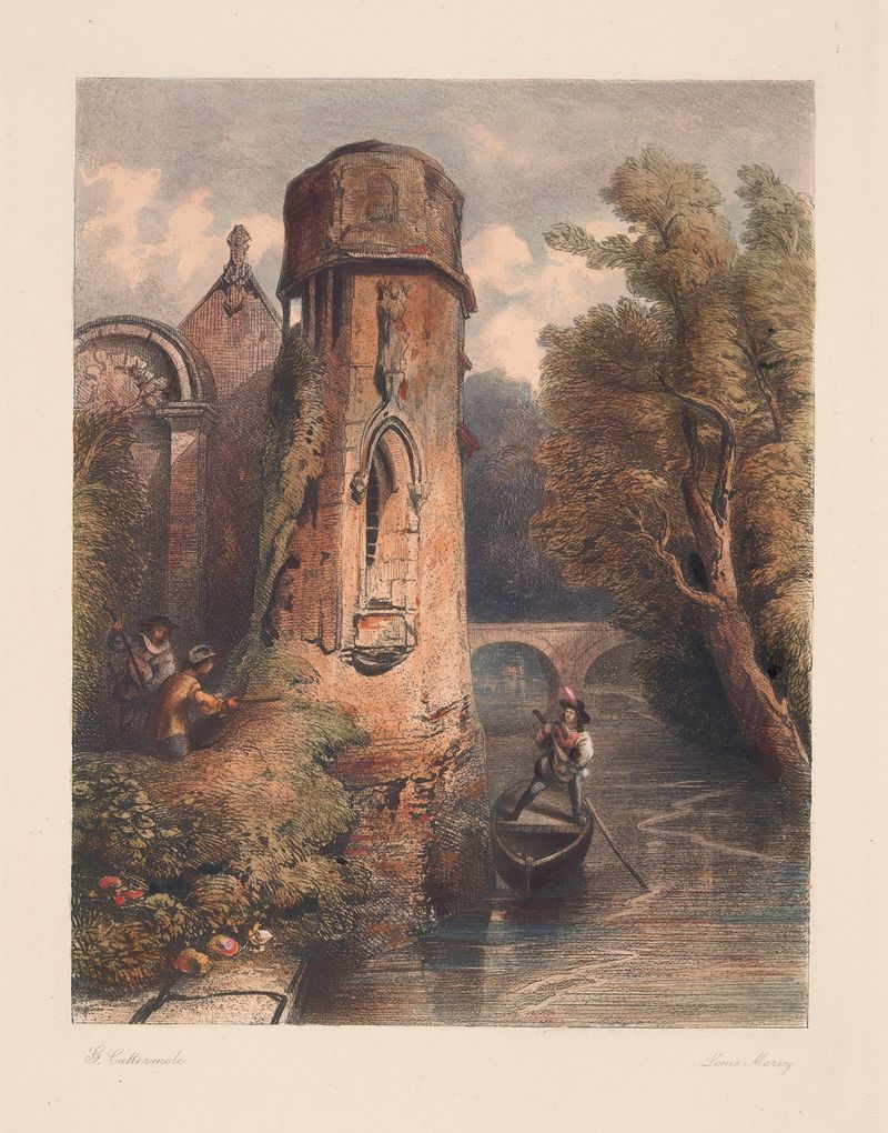 Oil painting by Louis Marvy of a man in a boat playing lute near a moss-covered tower.