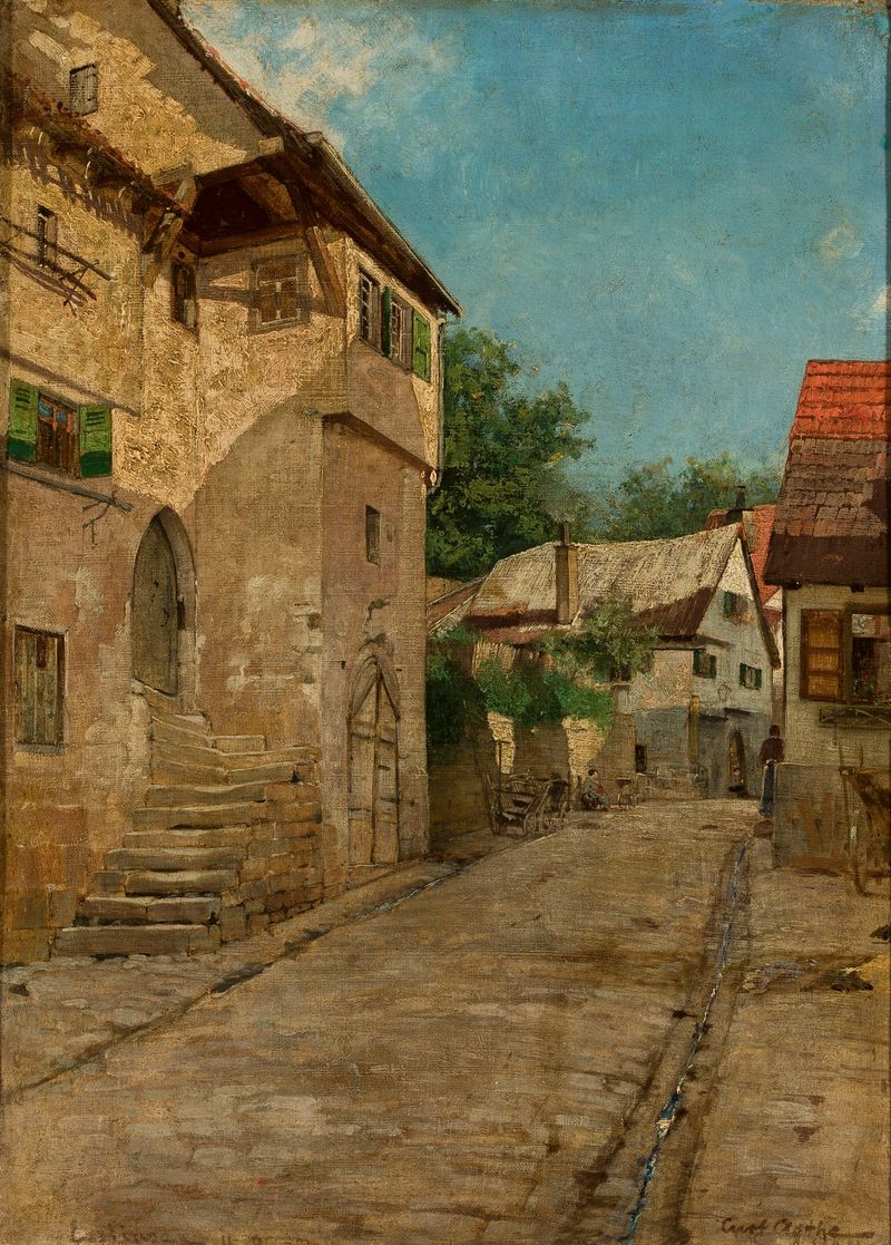 Landscape by Curt Agthe, oil painting depicting a town with soft light and muted colors.