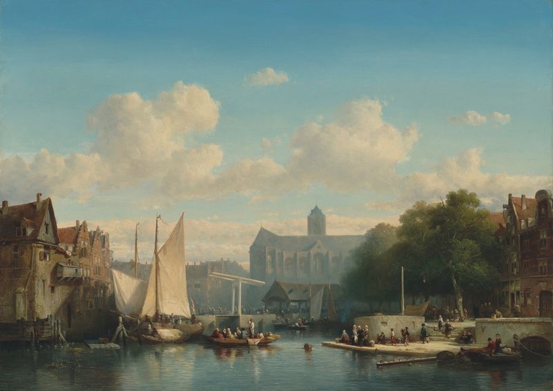 Town dock in summer, óleo sobre tela de Salomon Leonardus Verveer