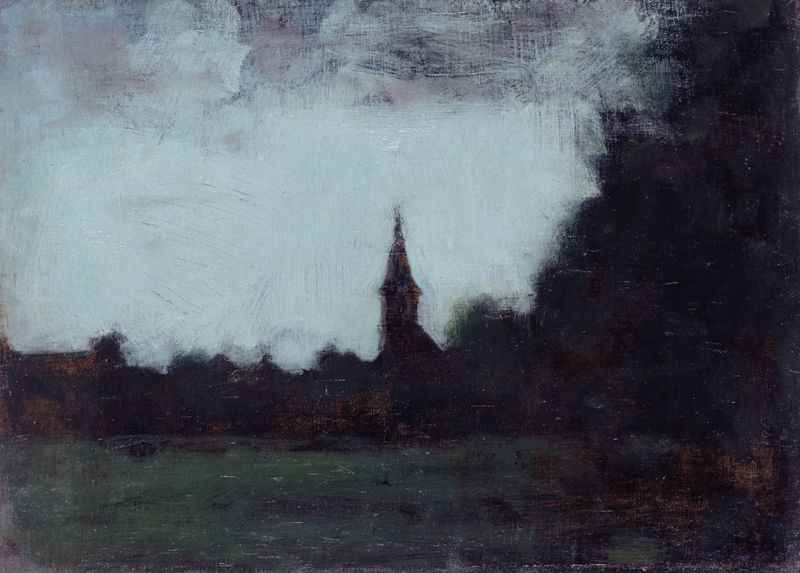 Landscape with hills and church steeple, oil on canvas by Jean-Jacques Henner